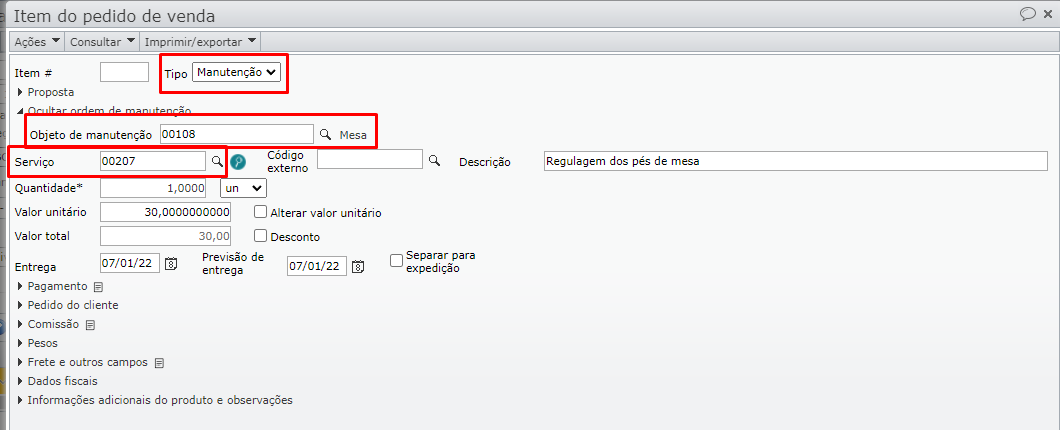 tela item do pedido de venda
