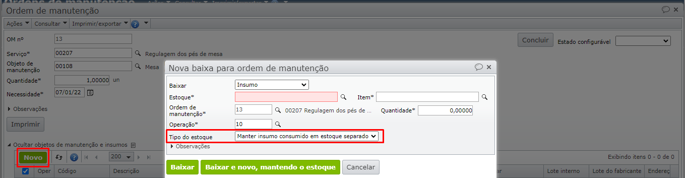 tela nova baixa para ordem de manutenção