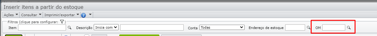 tela inserir itens a partir do estoque