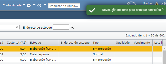 devolução de itens para estoque concluída - mensagem