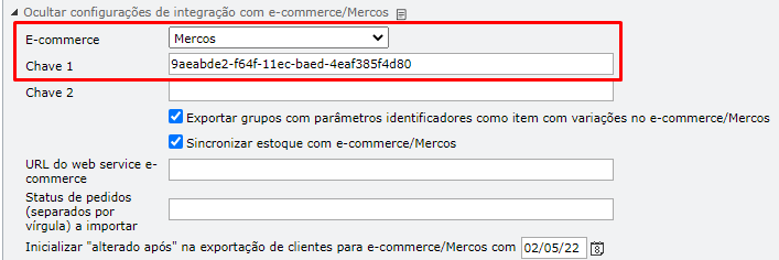 campo Configurações de integração com e-commerce/Mercos