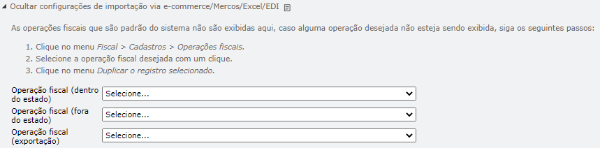 campo configurações de importação com e-commerce/Mercos/Excel/EDI