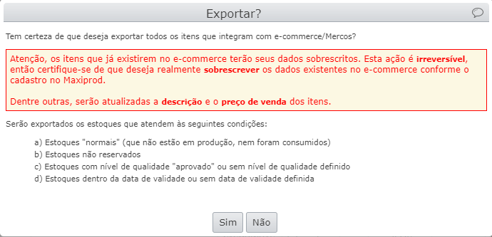 janela com alguns alertas e informações
