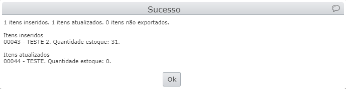mensagem informando quantos itens foram inseridos no Mercos