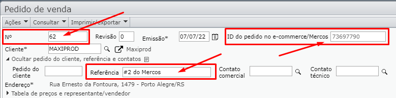pedido de venda do Mercos