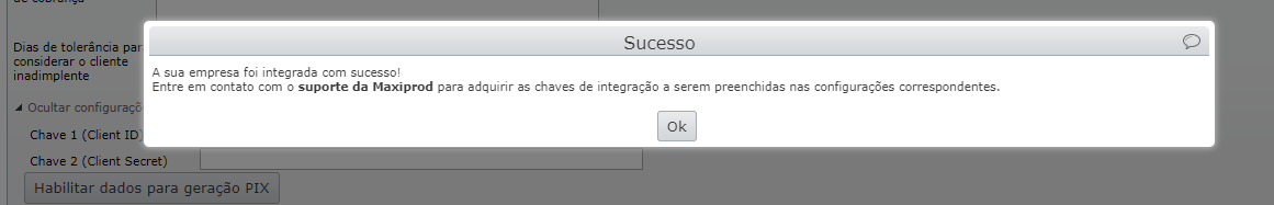 mensagem de sucesso, entrar em contato com suporte