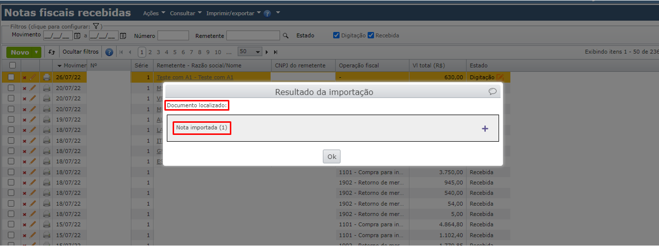 Resultado importação ambiente nacional documento localizado