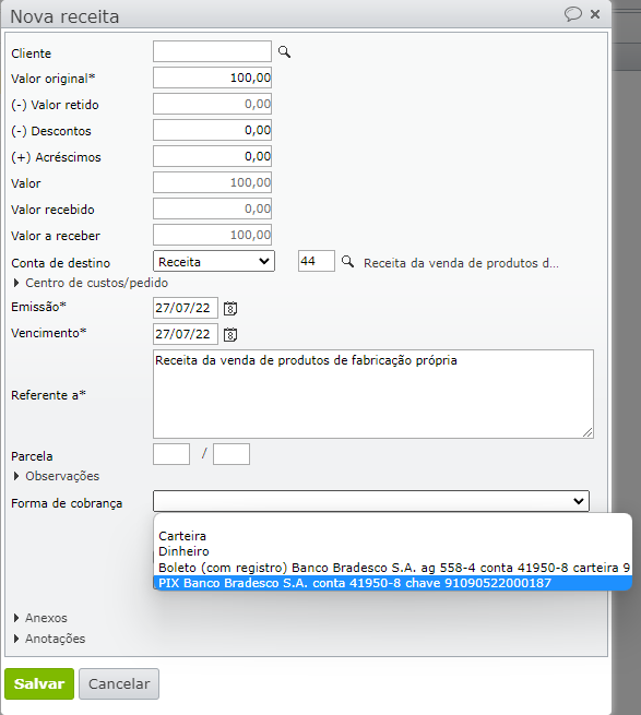 preenchimento da forma de cobrança em títulos