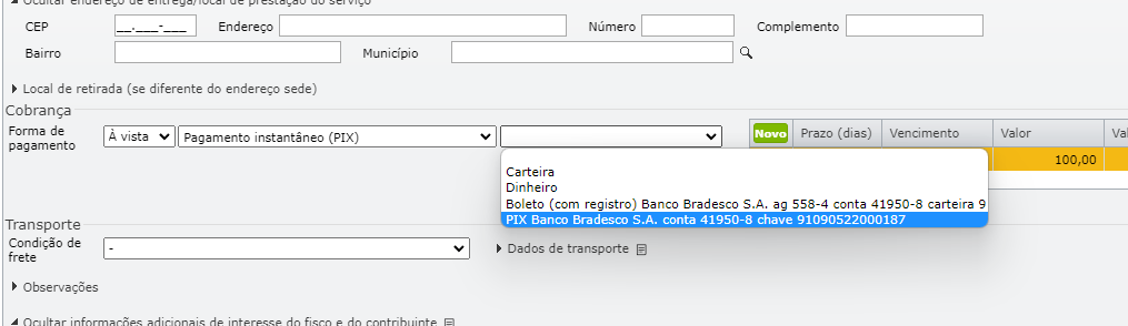 preenchimento forma de cobrança em notas, pedidos, propostas