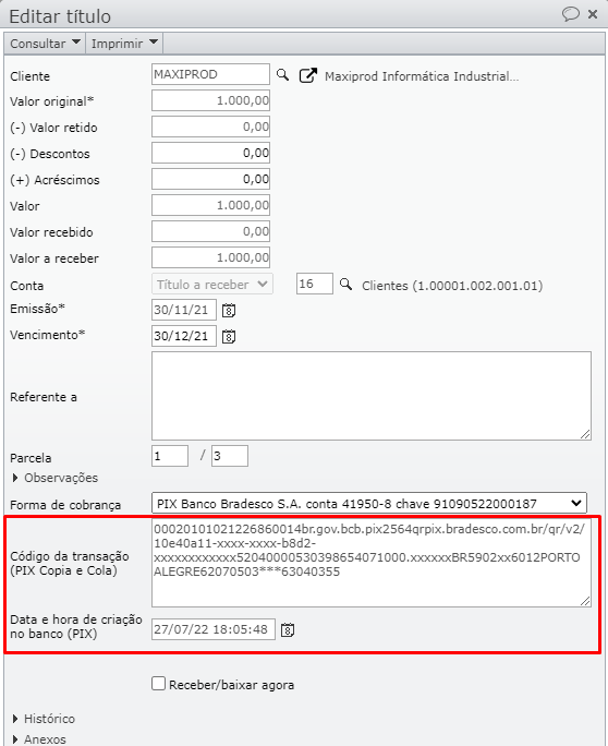 PIX Copia e Cola e data e hora de criação da transação