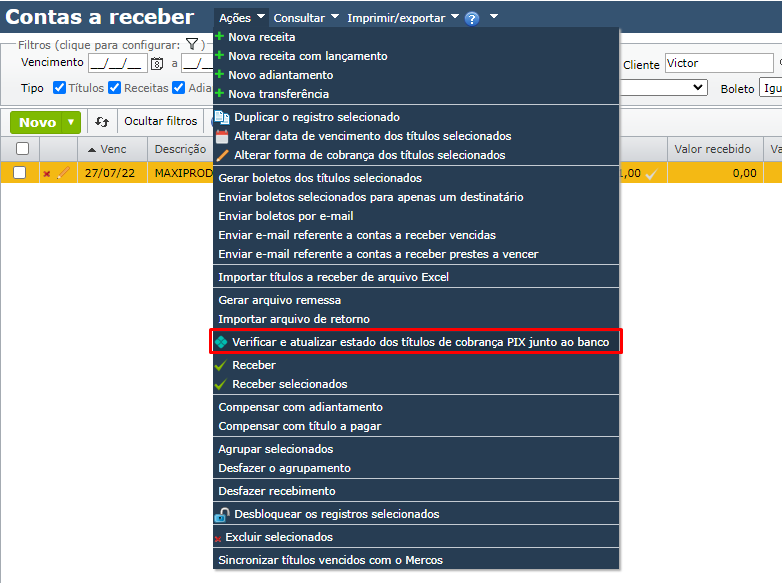 ação de verificação e atualização dos títulos PIX junto ao banco